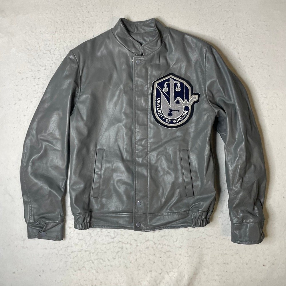 VTG University of Windsor Varsity‎ Jacket Mens 40 Gray Leather Law Patch Bomber